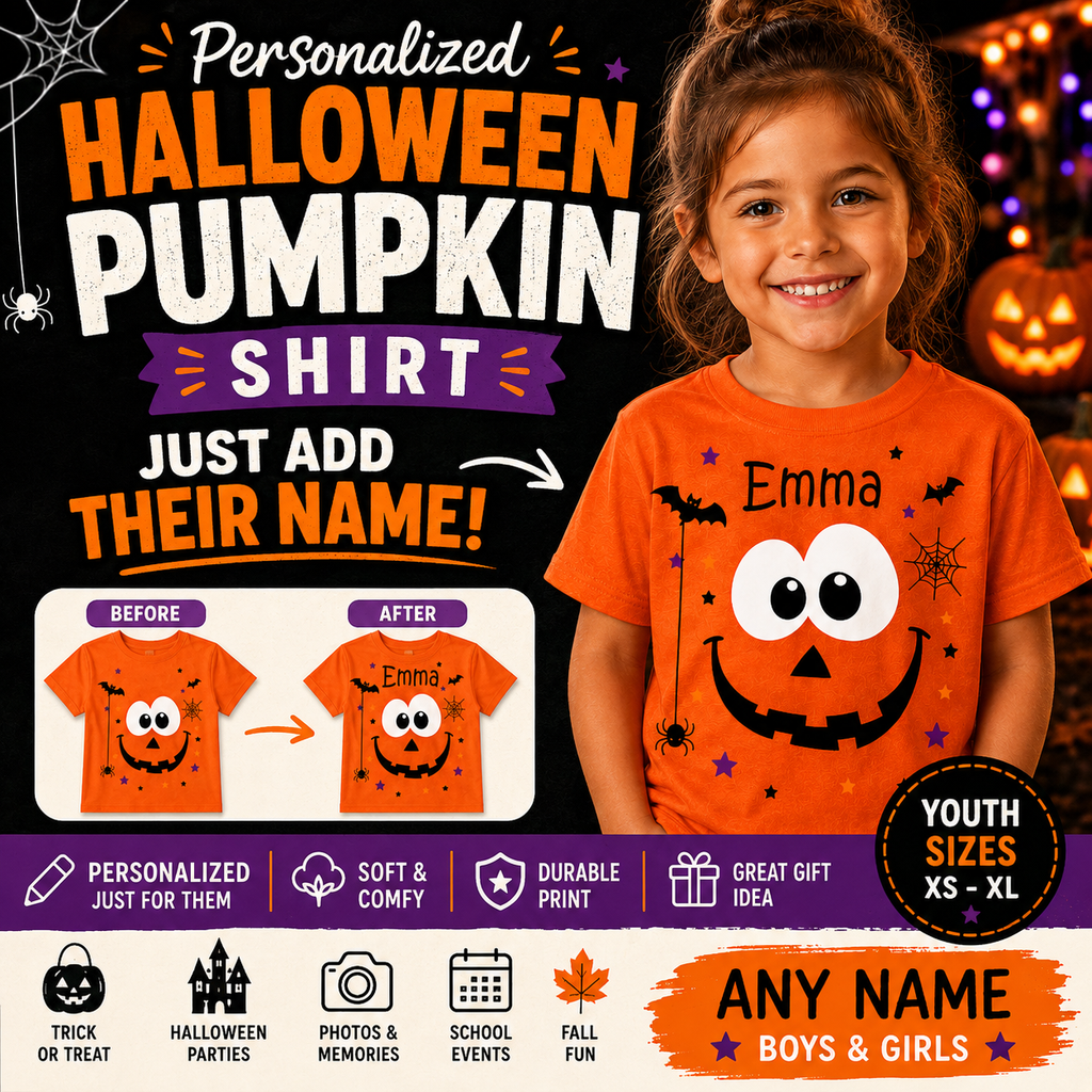 Personalized Halloween Pumpkin Shirt, Custom Name Kids Halloween Shirt, Boys Girls Trick or Treat Tee, Youth Halloween T-Shirt
